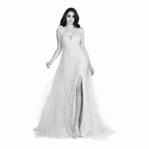 Abby Paris Longs by Lucci Lu Lace Gown with Tulle Overskirt in Ivory/White NWT
